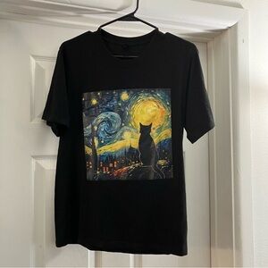 Black Cat in Starry Night by Van Gogh Black T-Shirt